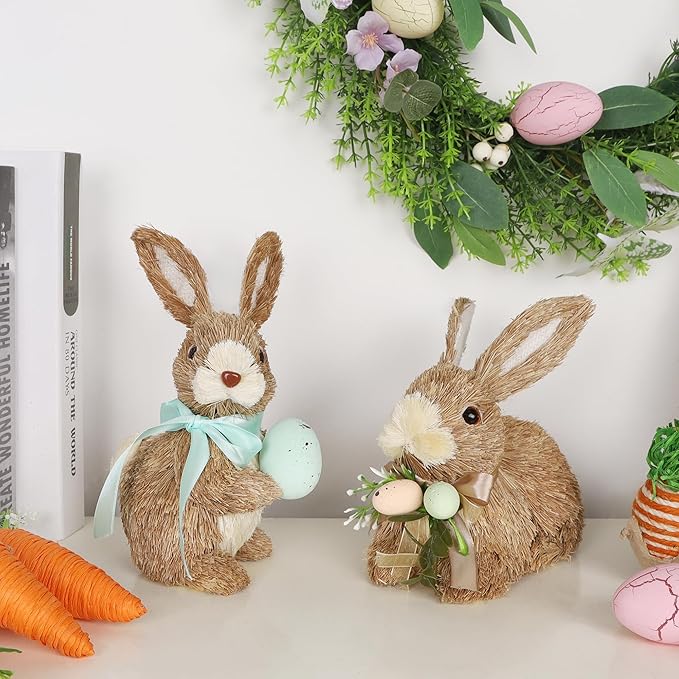 DR.DUDU Set of 2 Easter Decorations Bunny Figurines with Eggs, Spring Straw Rabbit Tabletop Decor, Rustic Sisal Bunny Statues Springtime Decor for Home Table Office Kitchen Farmhouse