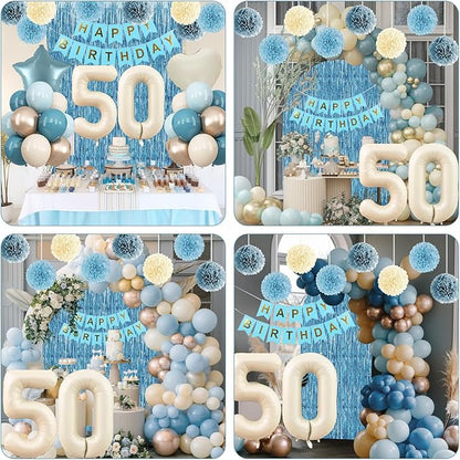 Dusty Blue 50th Birthday Party Decorations for Women Men Beige Cream Number 50 Balloon with Blue Gold Happy Birthday Banner Fringe Curtain Paper Pom Poms Nude White Sand Champagne Star Foil Balloons
