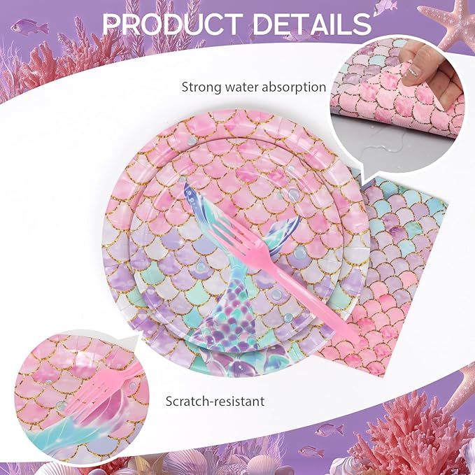 96pcs Mermaid Plates and Napkins Under the Sea Paper Plates Mermaid Fishtail Disposable Tableware Set for 24 Guests Baby Shower Wedding Birthday Party Supplies Decorations