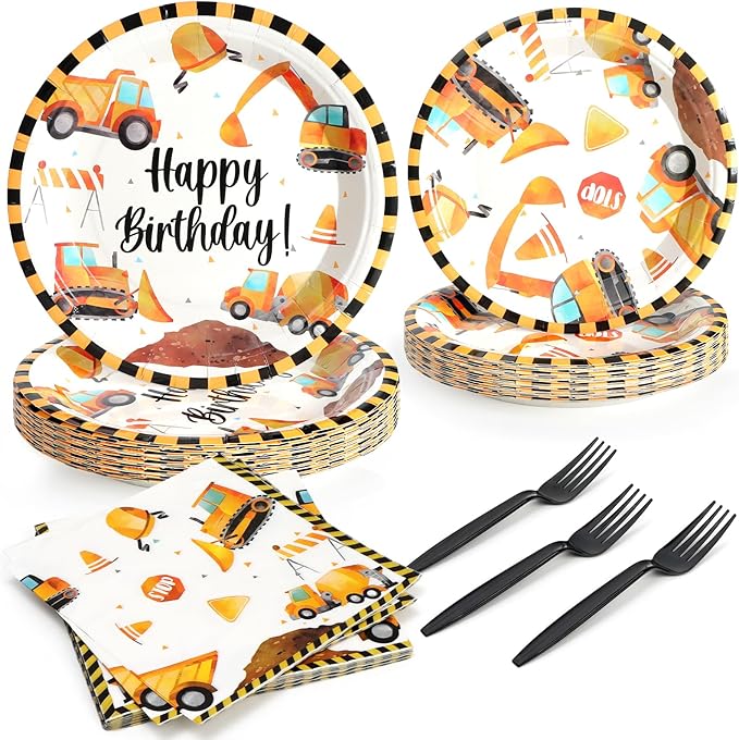 96pcs Construction Birthday Party Plates Disposable Tableware Set Paper Plates Round for 24 Guests Party Table Supplies Kids Party Picnic (Include Plates, Forks and Napkins)