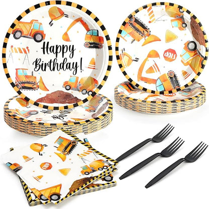 96pcs Construction Birthday Party Plates Disposable Tableware Set Paper Plates Round for 24 Guests Party Table Supplies Kids Party Picnic (Include Plates, Forks and Napkins)