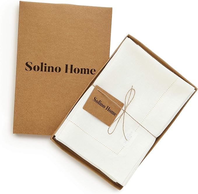 Solino Home Ivory Linen Napkins Set of 6-100% Pure Linen Hemstitch Dinner Napkins 20 x 20 Inch for Fall, Autumn, Christmas, Holiday, New Year - Classic Hemstitch