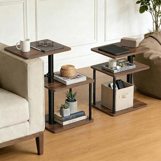 Swivel Side Table for Couch Arm, Adjustable C End Table for Recliner or Bed, Tv Trays with Storage Shelf for Small Spaces Small Nightstand Table for Living Room, Bedroom，Walnut 2pc