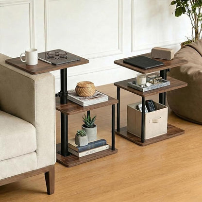 Swivel Side Table for Couch Arm, Adjustable C End Table for Recliner or Bed, Tv Trays with Storage Shelf for Small Spaces Small Nightstand Table for Living Room, Bedroom，Walnut 2pc