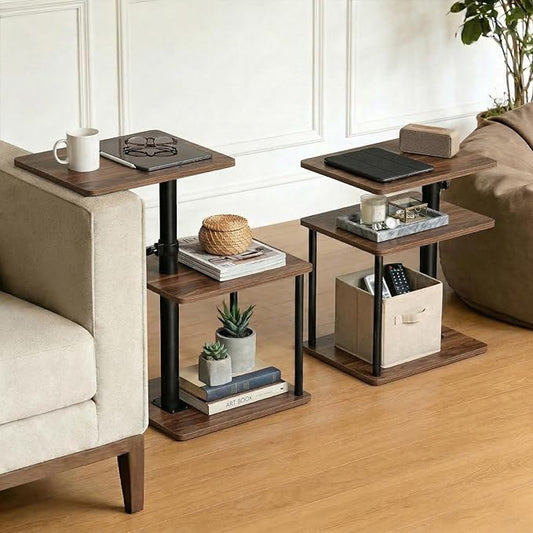 Swivel Side Table for Couch Arm, Adjustable C End Table for Recliner or Bed, Tv Trays with Storage Shelf for Small Spaces Small Nightstand Table for Living Room, Bedroom，Walnut 2pc