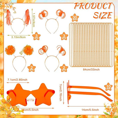 50 Pcs Orange Holiday Team Spirit Party Accessories Pom Pom Party Headbands Star Shape Sunglasses Bead Necklaces Stuff Favors for Birthday Wedding Supplies(Classic)