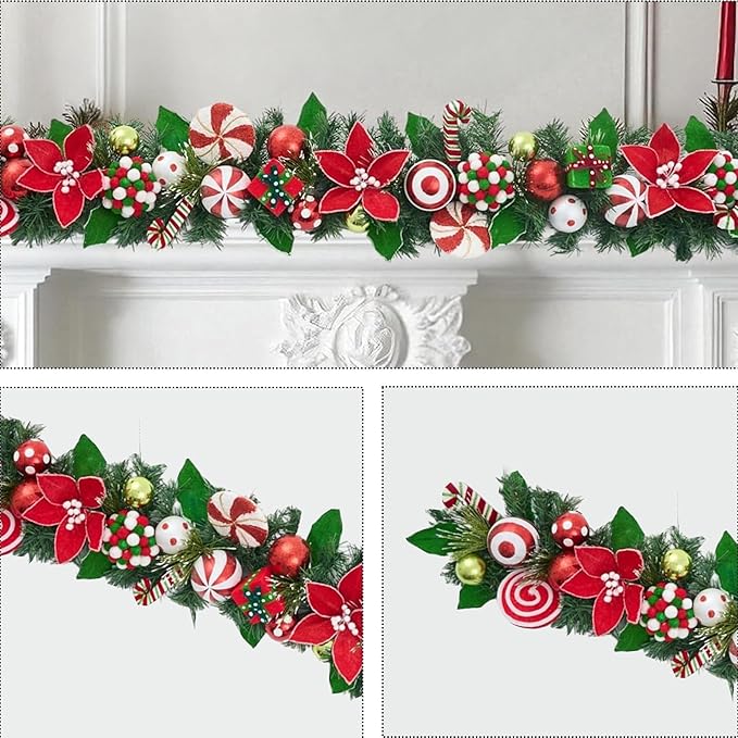 Holiday Tree Christmas Peppermint Garland 60” – Candy Cane Red & White Holiday Decor with Ornaments & Greenery, Handmade Festive Mantel Garland for Staircase, Doorway & Tabletop Decoration