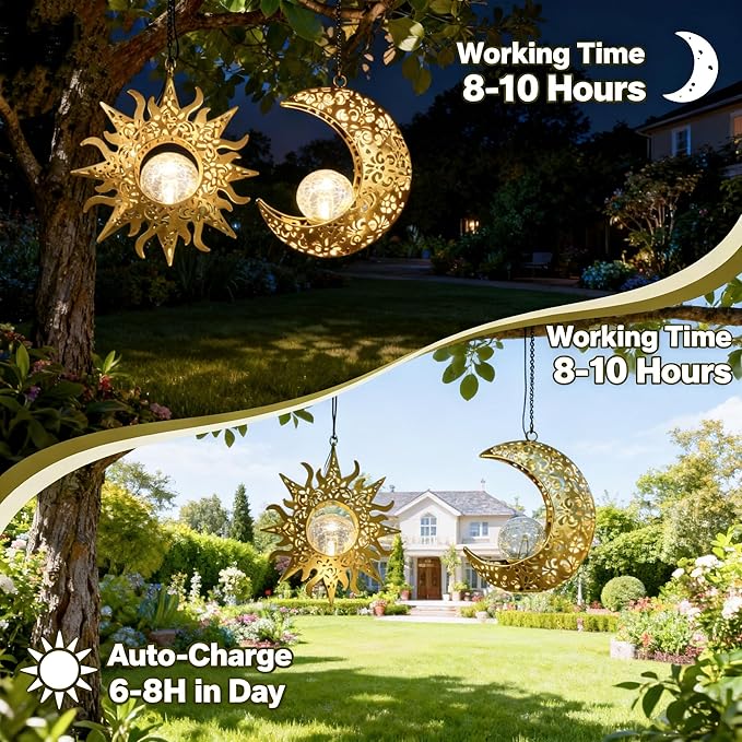 Solar Hanging Sun & Moon Lights Set for Outside,2 Pack Metal Lanterns Pierced Carving Soothing Lamp, Large Decorations for Yard Garden Patio Proch Tree Wall, Christmas Gifts for Women Mom