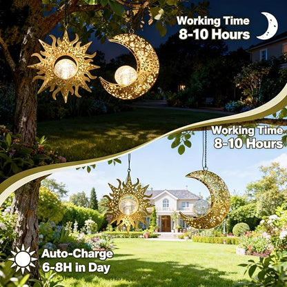 Solar Hanging Sun & Moon Lights Set for Outside,2 Pack Metal Lanterns Pierced Carving Soothing Lamp, Large Decorations for Yard Garden Patio Proch Tree Wall, Christmas Gifts for Women Mom