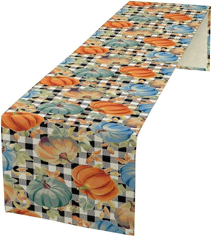 Fall Pumpkin Table Runner Black White Plaid Maple Leaves Watercolor Illustration Rustic Thanksgiving Home Decor for Farmhouse Indoor Outdoor Party Holiday Dining Kitchen Restaurant Cafe W13xL120in
