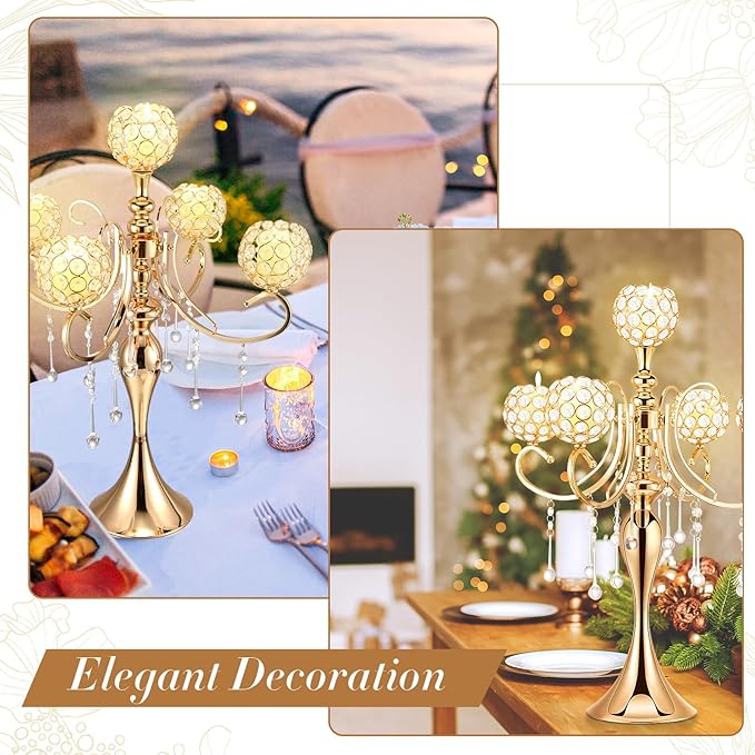 Dandat 8 Pcs 25.6'' 5 Arm Candelabra Candle Holder Centerpieces for Table Gold Crystal Candlestick Holders Tall Candle Stand for Wedding Dinner Halloween Christmas Party Decoration