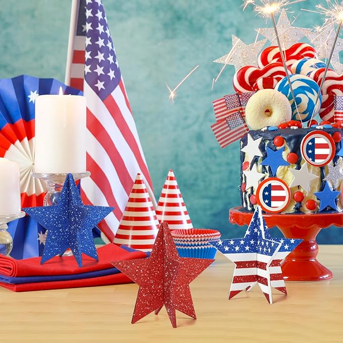 COCHIE 6 Inch Labor Day Decorations Wooden Stars Set, 3D Glitter Star Memorial Day Tiered Tray Decor, 4th of July Red White Blue Patriotic Decoration for Home Table Desk Door Shelf (Flag Style)