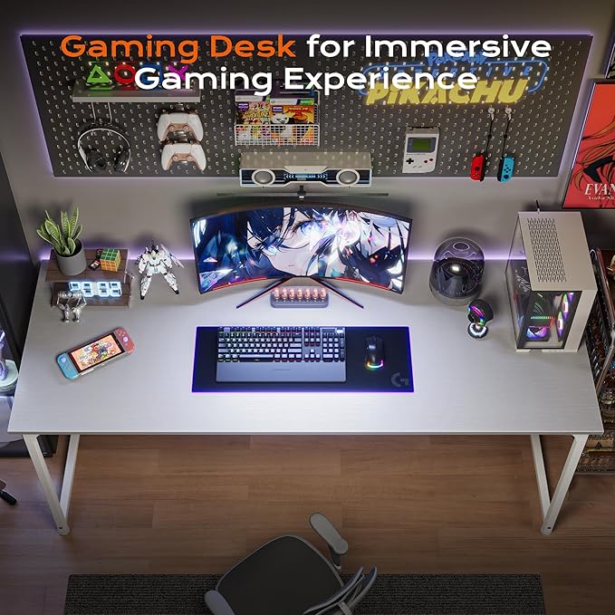 PRAISUN 55 X 24 Inch Computer Desk with Deeper Desktop, Gaming Office Writing Work Desk for Home Office, Study, Bedroom, Work from Home, Metal Frame, White