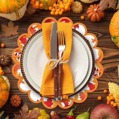 100 Pcs Thanksgiving Fall Paper Placemats Disposable Scalloped Fall Football Paper Placemats Autumn Football Maple Leaf Placemat Harvest Table Mats for Autumn Party Home Kitchen Dining Table Decor