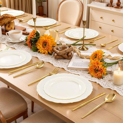 U-QE 100 Pieces Ivory Thanksgiving Plastic Plates for Party - Ivory Disposable Plastic Plates - Heavy Duty Disposable Platos Including 50 Dinner 10 '' & 50 Dessert 7.5 '' for Thanksgiving
