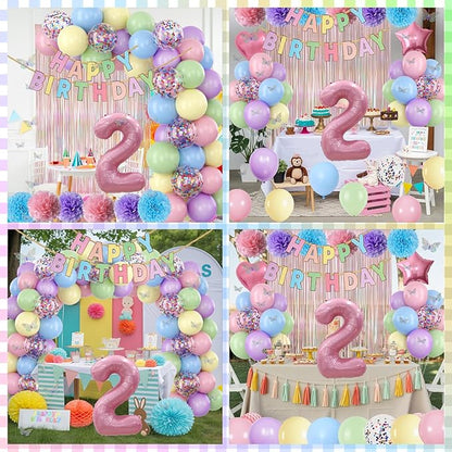 Pastel 2nd Birthday Party Decorations for Girls Number 2 Balloon Happy Birthday Banner Butterfly Stickers Fringe Curtain Paper Pom Poms Macaron Pink Star Foil Colorful Balloons Baby 2 Year Old Decor