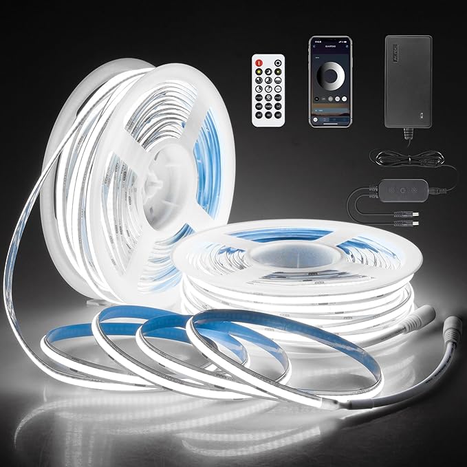 Dimmable COB Led Strip Lights for Bedroom 24V 6500K 100FT 480LED/M Hight Density Bright White Bluetooth Flexible COB LED Tape Lights with Remote Cold White CRI90+ for Cabinet Home Lighting 30M/2roll