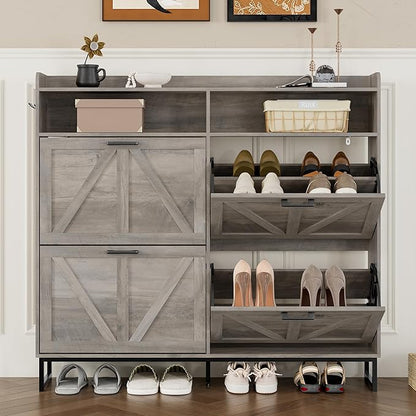 Shoe Cabinet with 4 Flip Drawers Narrow Shoe Storage Cabinet Organizer Wooden Freestanding Shoe Rack Hidden Slim Shoes Storage Cabinet for Entryway, Hallway, Living Room, Bedroom