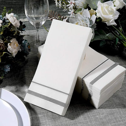 FOCUSLINE 200 Linen Feel Disposable Bathroom Napkins, Soft and Absorbent Paper Guest Towels, Cloth-Like Hand Towels Decorative Paper Napkins for Parties, Weddings, Dinners or Events, Silver, 12" x 17"