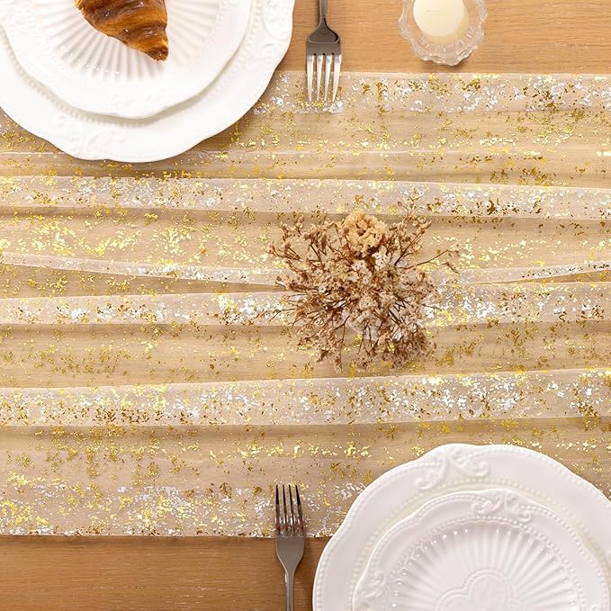 Beige Gold Table Runner 3 Pack Sheer Gauze Cheesecloth Runner 120 Inch Glitter Wedding Anniversary Party Decor for Dining Table Home Celebration