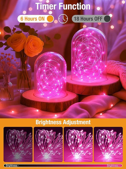 btfarm 4 Pack Fairy Lights Battery Operated with Timer, 16.4 FT 50 LED Silver Wire Twinkle String Lights 8 Modes Dimmable Waterproof for Indoor Christmas Bedroom Wedding Decorations, Pink