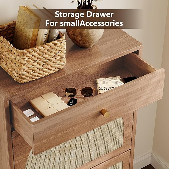 Nicetree Shoe Cabinet for Entryway, Slim Shoe Rack with 2 Flip Drawers and Top Storage Drawer, Narrow Shoe Organizer with Arched Rattan Accent, Entryway Shoe Storage for Size 12 Shoes, Caramel
