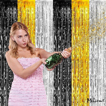 4 Pack 3.2Ft x 8.2Ft 2024 New Year Fringe Curtain Backdrop, Metallic Tinsel Foil Fringe Streamers Curtains for Wedding Notorious One Birthday Roaring 20s Graduation Party Decoration Black Gold Silver
