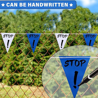 105ft Blue and White Pennant Banner Flag, 7"x10" Fluorescent Safety Flagging Banner Warning Flag for Construction Site/Boundary Barrier Signs, Perimeter Marking Flags on String, 45 Flags
