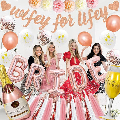Rose Gold Bachelorette Party Decorations Bridal Shower Decoration Kit with Wifey for Lifey Banner,Champagne Glass Foil Balloons,Bride Foil Balloon,Paper Pom Poms, Tassel Party Supplies