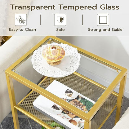 HOOBRO Gold Side Table, Tall Telephone End Table with Mesh Shelves, 3-Tier Nightstand with Tempered Glass Tabletop, for Living Room, Bedroom, Gold GD04DH01