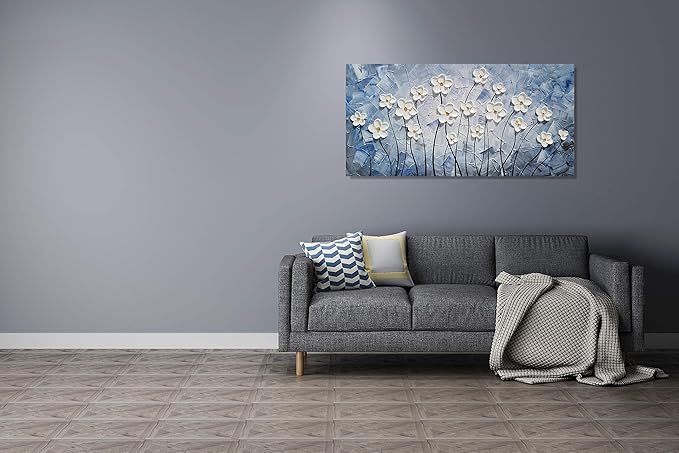 YHSKY ARTS 3D Hand - Painted White Floral Wall Art with Printed Blue Background, Textured Flower Decor for Home