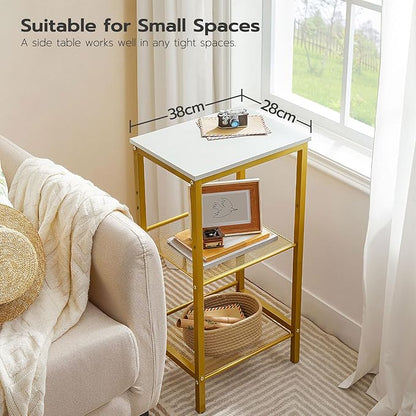HOOBRO Tall Side Table, 3-Tier Telephone End Table with Adjustable Mesh Shelves, Small Entryway Table with Storage, Small Nightstand for Living Room, Bedroom, Hallway, White and Gold DW01DH01G1
