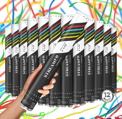 Confetti Cannon 16" XLarge Party Poppers Confetti Shooters, Biodegradable Confetti Cannons, Compressed Air Action, Loud Pop, Birthday, Wedding, New Year (12 Pack Multicolor Streamer Popper)