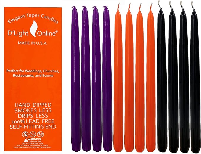 D'light Online Elegant 12" Unscented Holiday Taper Candles for Halloween - Premium Quality Candles Hand-Dipped, Dripless and Smokeless - Set of 12 (12 Inch, Spooky)