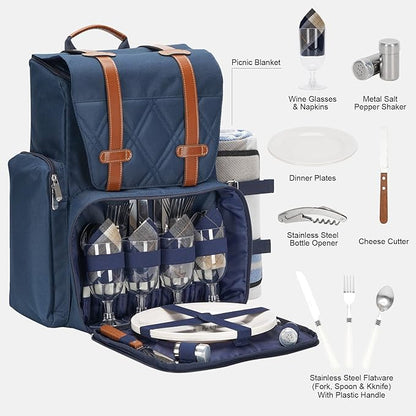 Picnic Backpack for 4 Person with Large Insulated Cooler Bag, Picnic Basket Set with Wine Pouch, Waterproof Picnic Blanket & Cutlery Set. Perfect for, Camping, Party,Wedding Gift for Couple,Blue