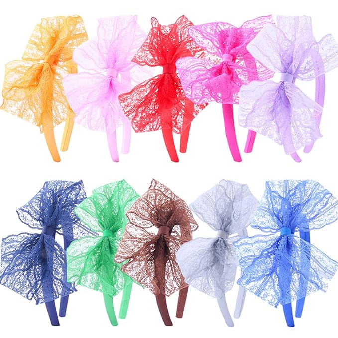 10pcs 80s Lace Headbands Bows 80s Costumes For Women Girls Neon Lace Headband Bulk Outfits Party Accessories