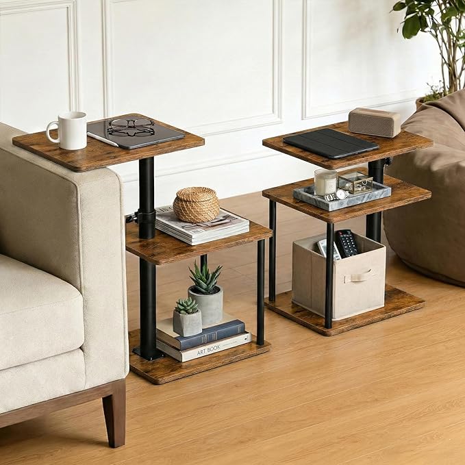 Swivel Side Table for Couch Arm, Height Adjustable C Shaped End Table for Recliner or Bed, Tv Trays with Storage Shelf for Small Spaces- Small Nightstand for Living Room, Bedroom, 2pc