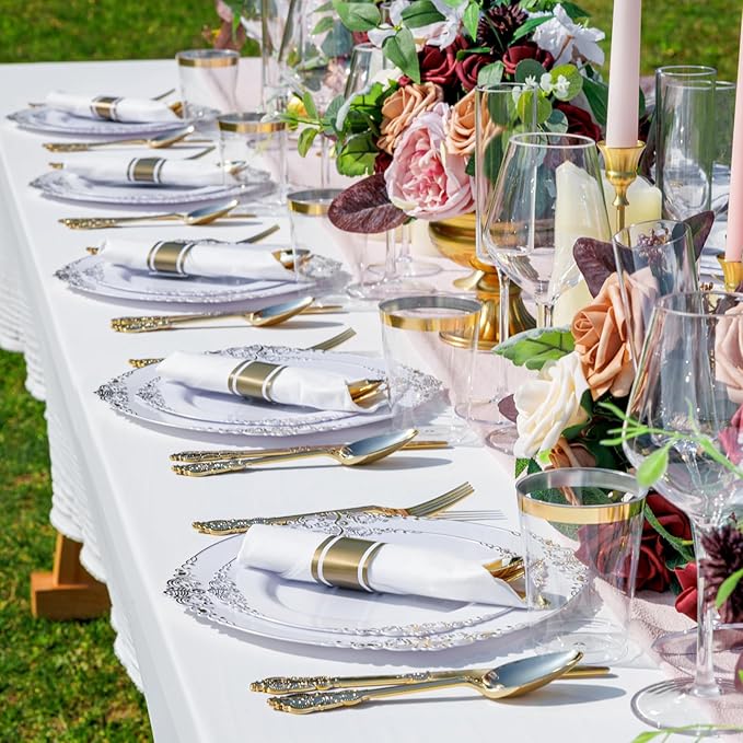 Nervure 700PCS Gold Plastic Plates - Gold Plastic Dinnerware Sets for 100 Guests - 200 Disposable Plates, 300 Silverware, 100 Cups, 100 Napkins for Wedding & Party & Thanksgiving