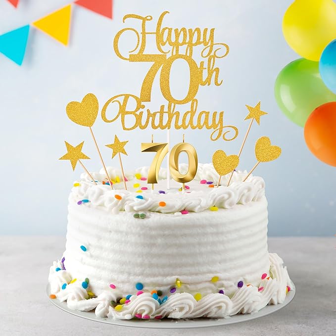 70th Birthday Cake Decorations, 70th Birthday Candles Cake Numeral Candles and Glitter Happy 70th Birthday Cake Toppers Set for Birthday Party Supplies (Gold)