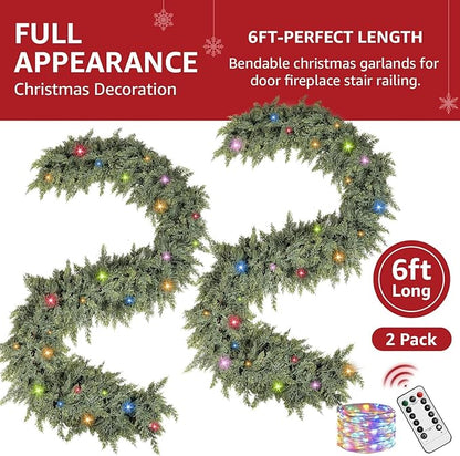 Cedar Christmas Garland for Mantle - 2 pack Decorations with Lights 6 ft Realistic Lighted Faux Pine Garlands for Xmas Home Decoration Indoor Stairs Railing Fireplace Outdoor Prelit Garland Door Decor