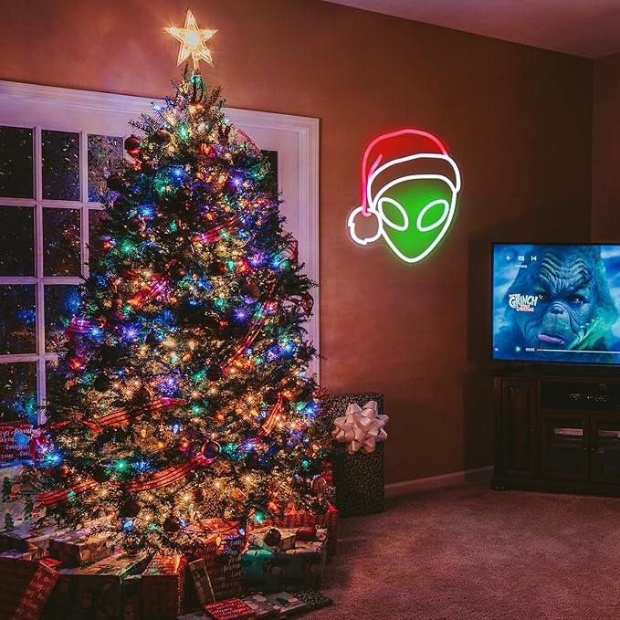 Christmas Neon Light Alien Neon Sign Green Red LED Sign Christmas Hat Neon Signs for Wall Decor Santa Hat Neon Lights for Bedroom Alien Decor Neon Wall Light for Xmas Party Decor