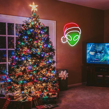 Christmas Neon Light Alien Neon Sign Green Red LED Sign Christmas Hat Neon Signs for Wall Decor Santa Hat Neon Lights for Bedroom Alien Decor Neon Wall Light for Xmas Party Decor