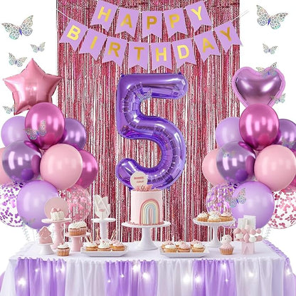 Pink Purple 5th Birthday Party Decorations for Girls Number 5 Balloon Happy Birthday Banner Butterfly Stickers Fringe Curtain Paper Pom Poms Metallic Hot Pink Star Foil Balloons 5 Year Old Princess