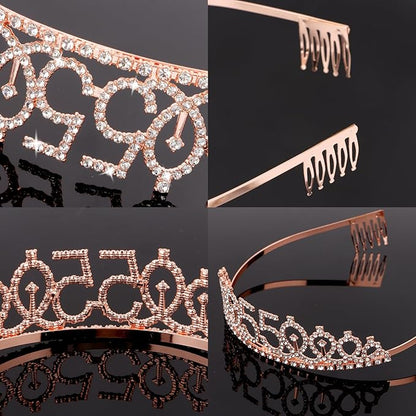 CIEHER 55th Birthday Crown & Sash Set - Pearl Pin Tiara, Fabulous 55th Birthday Decorations for Women