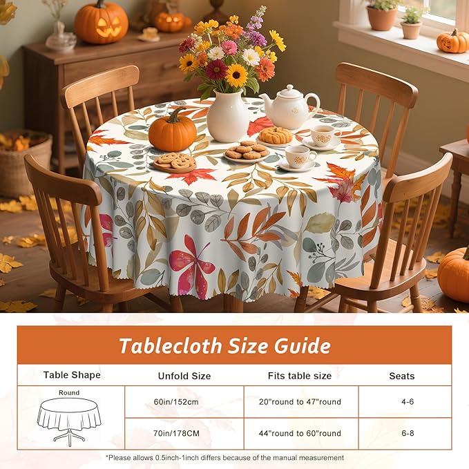 Eikione Fall 60Inch Round Tablecloth, Fall Maple Leaf Round Table Cloth, Waterproof, Wrinkle Free Polyester Table Cover for Autumn Picnics, Halloween Dining Decorations