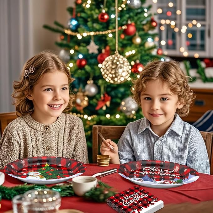 100Pcs Christmas Oval Paper Plates and Napkins -10" x 12" Large Disposable Party Plates, Christmas Party Supplies Dinnerware Set