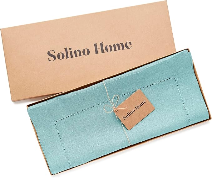 Solino Home Linen Aqua Blue Table Runner 108 Inches Long - 100% Pure Linen Hemstitch 14 x 108 Inch Table Runner for Dining, New Year - Classic Hemstitch