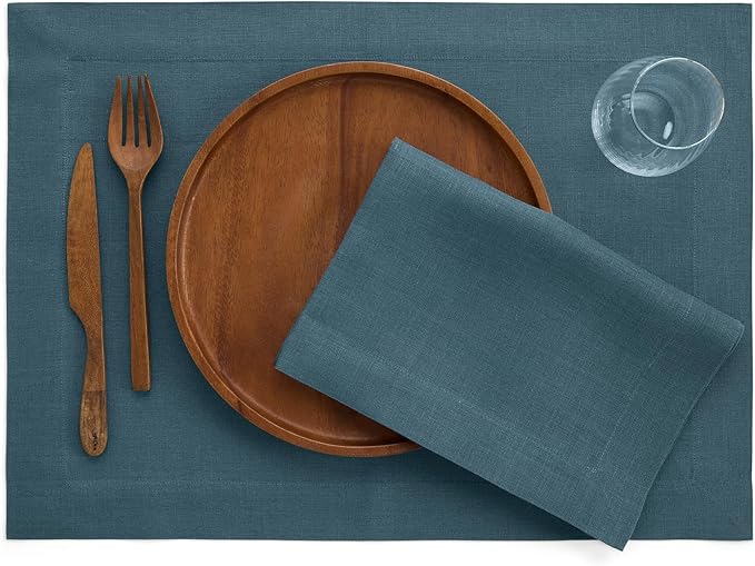 Solino Home Linen Napkins Set of 4-100% Pure Linen Peacock Blue Dinner Napkins Cloth 20 x 20 Inch - Fete, Handcrafted and Machine Washable