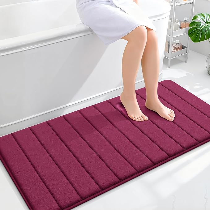 OLANLY Memory Foam Long Bathroom Rugs Runner 47x24, Super Soft Absorbent Bath Mat, Quick Dry, Machine Washable Shower Floor Rugs, Bathmat Carpet, Bathroom Home Decor Accessories, Burgundy