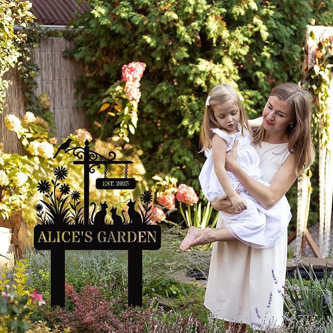 Custom Metal Sign Customized with Name & EST Date, Custom Garden Signs, Floral Yard Signs, Family Name Garden Stake, Personalized Outdoor Decor, Gift for Mother's Day, Mom Grandma Gardener Cat Lover